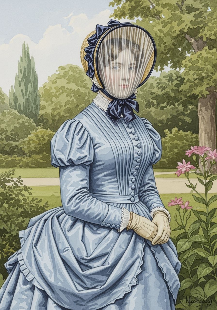 Veiled Victorian Woman in Botanic Garden, Gouache Painting