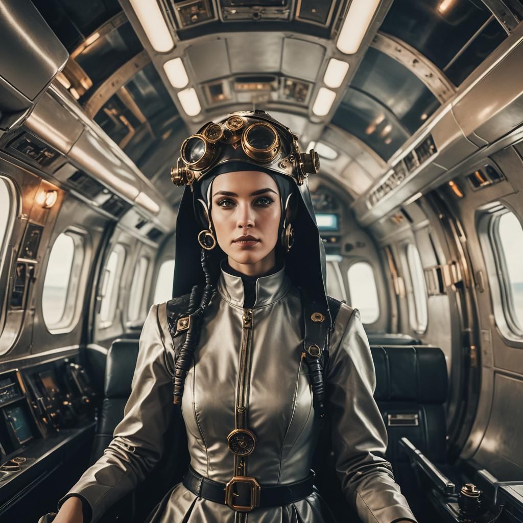 Steampunk Nun in Futuristic Plane: Cinematic Film Still