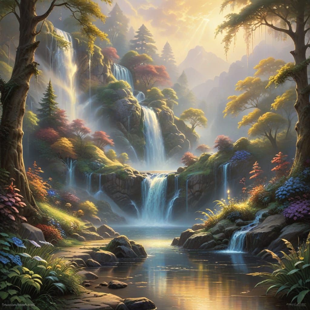 Enchanting Fantasy Oasis with Soft Golden Light