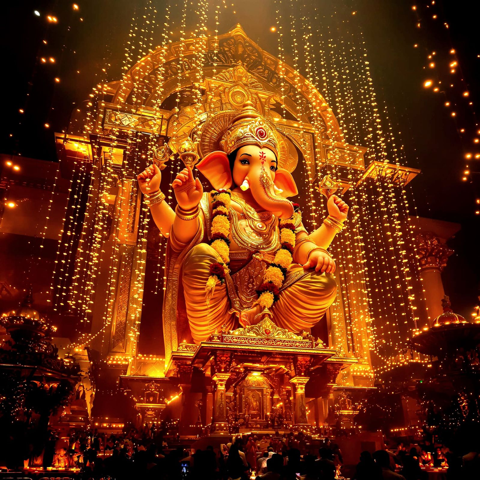 Lord Ganesha Colossus Over Temples in Festive Diwali Style
