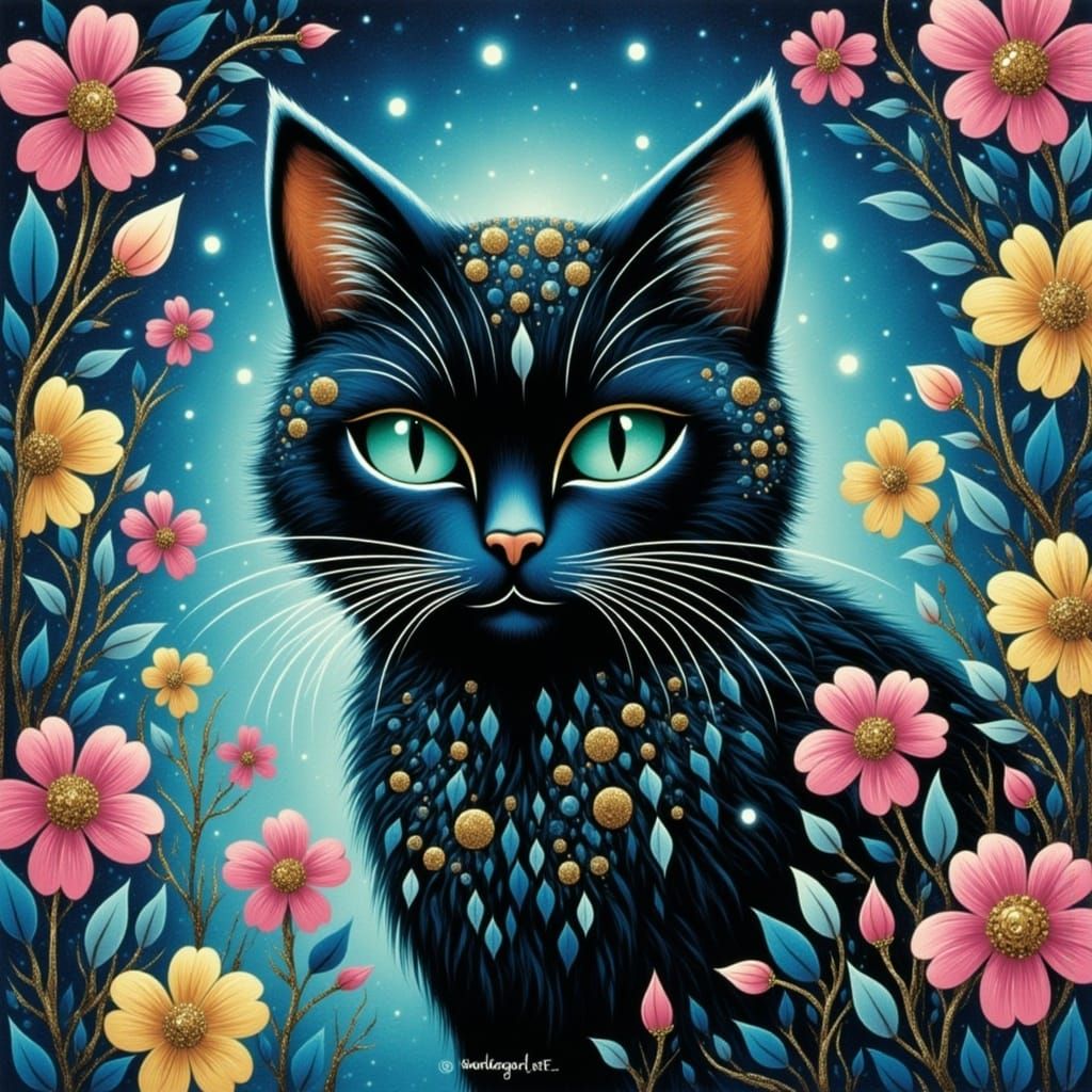 Whimsical Feline Folk in Vibrant Naive Art