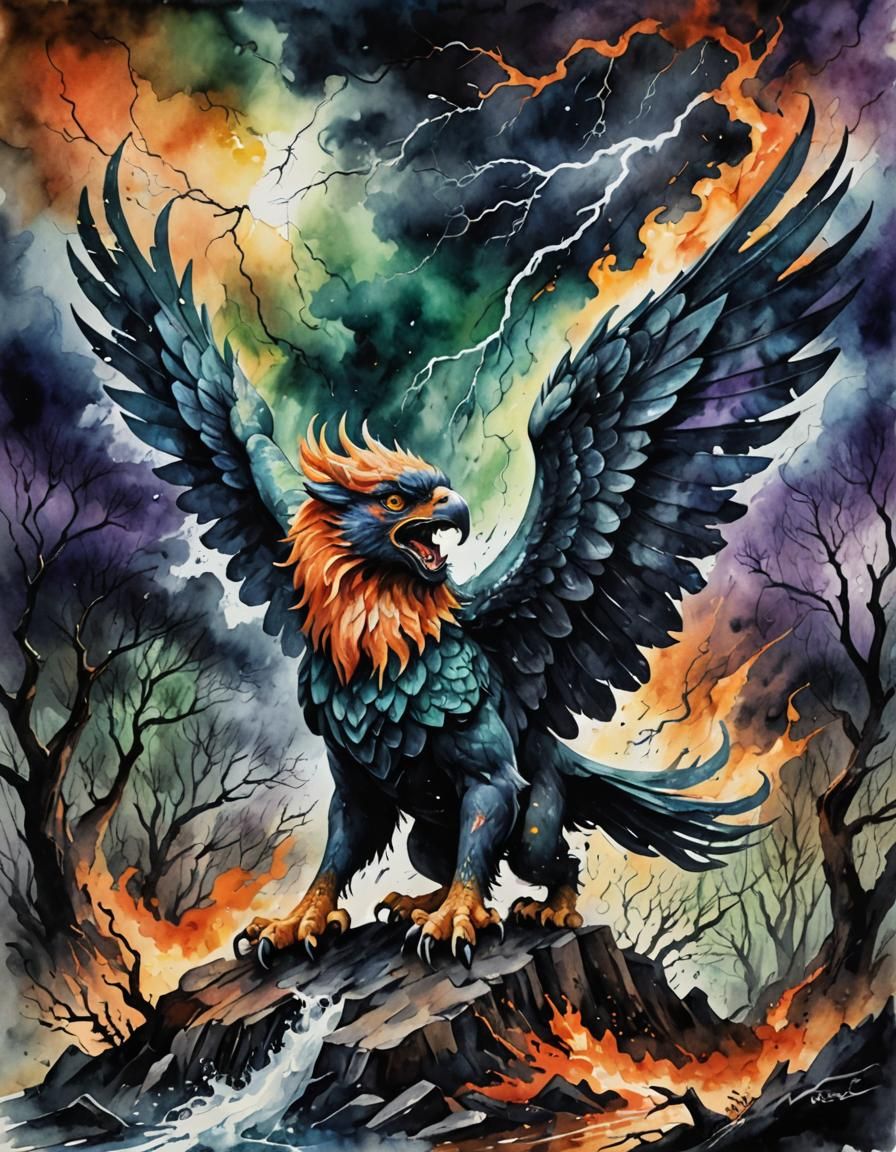 Gryphon in Storm, Dark Watercolor Painting