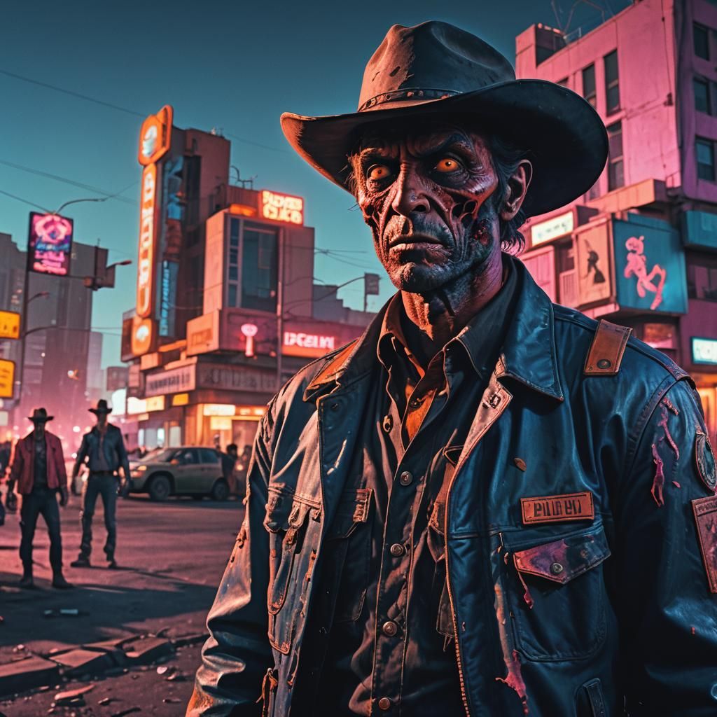 Zombie Cowboy in Retro Metropolis: Cinematic Film Still