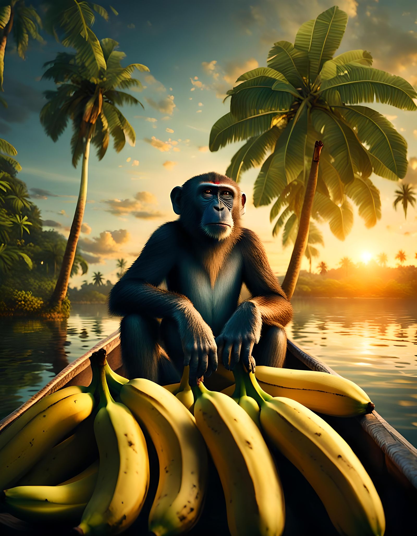 Monkey in Lagoon at Sunrise with Banana Tree