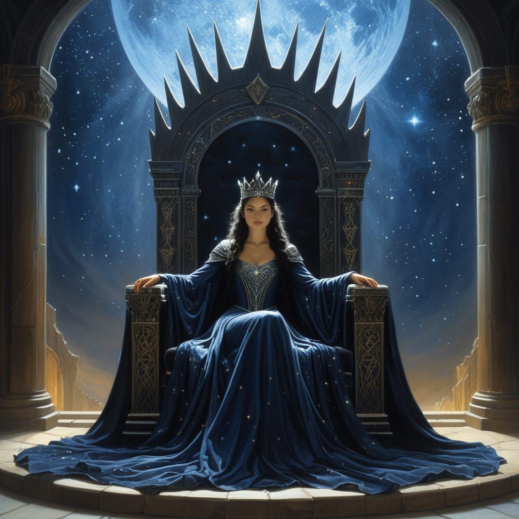 Regal Queen on Obsidian Throne in Cosmic Gown