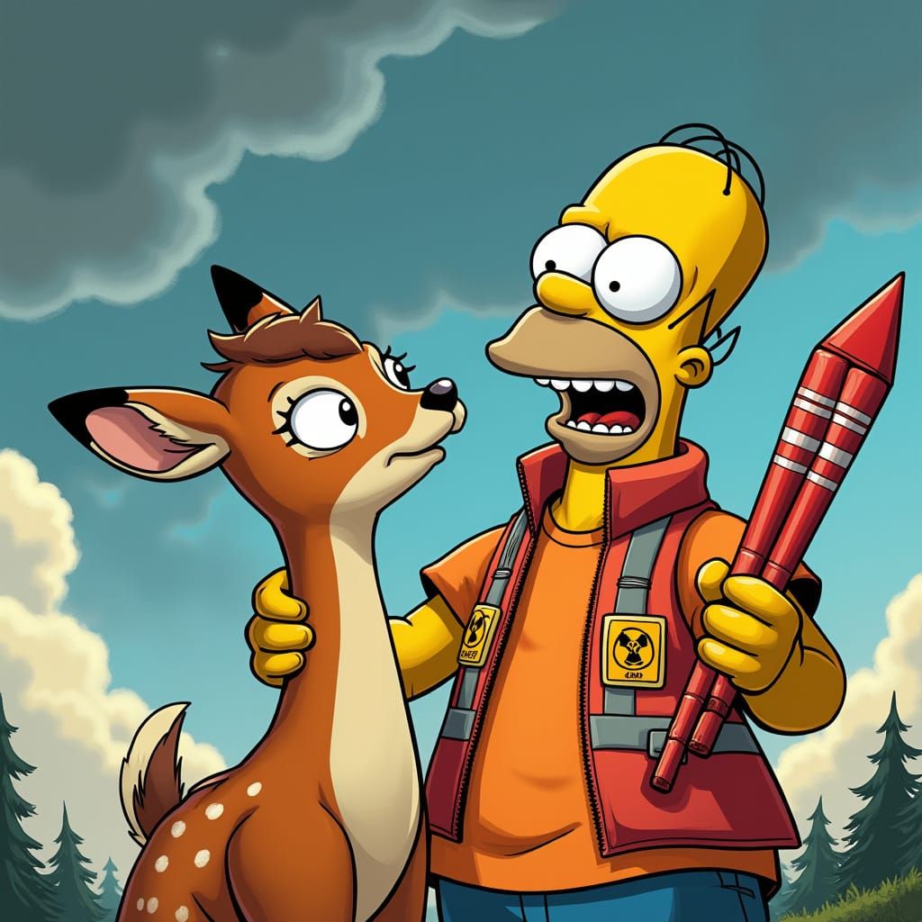 Bambi and Homer with Nuclear Rockets in Sci-Fi Style