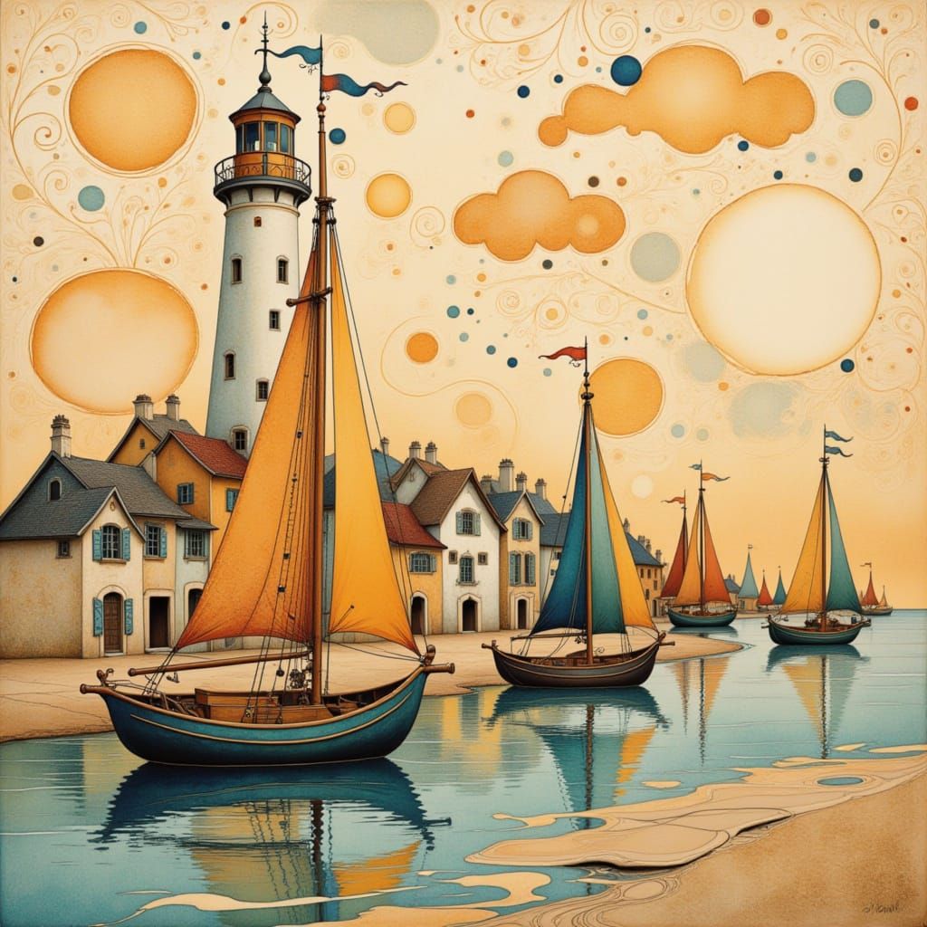 Folk Art Nouveau Sailboats by the Sea