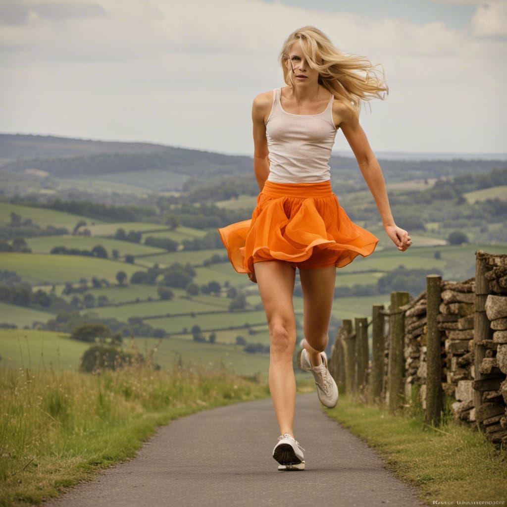Woman Running Down Country Lane in Orange Skirt
