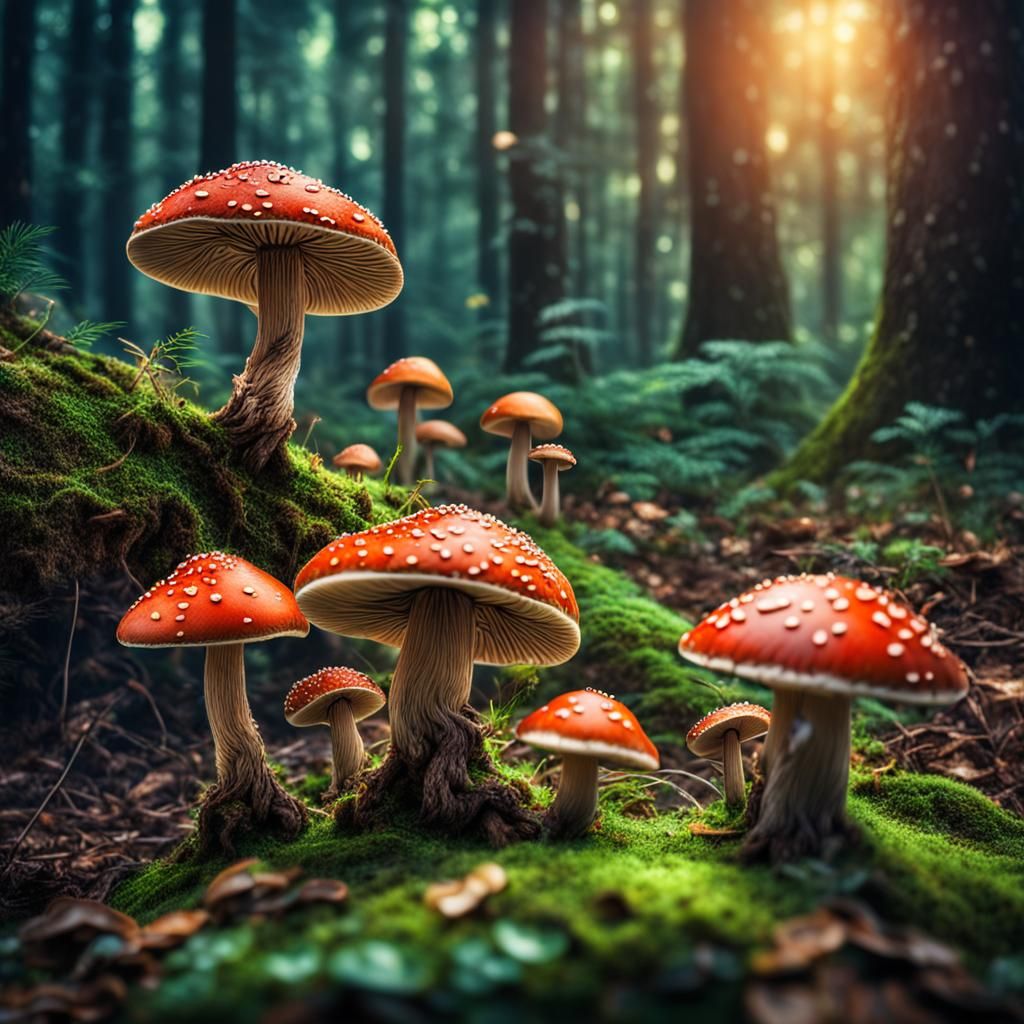 Magic Mushrooms in a Fairy Forest: Hyperrealistic Image