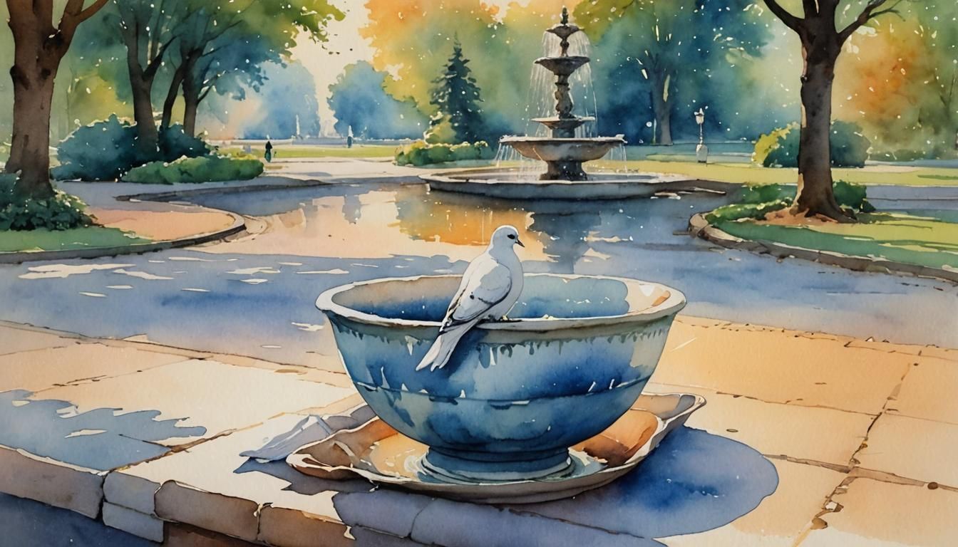 White Dove on Fountain in Watercolor Sunset