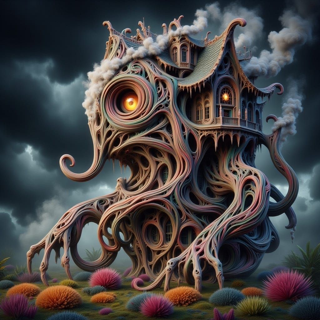 Surreal Owl Treehouse in Dark Fantasy Style