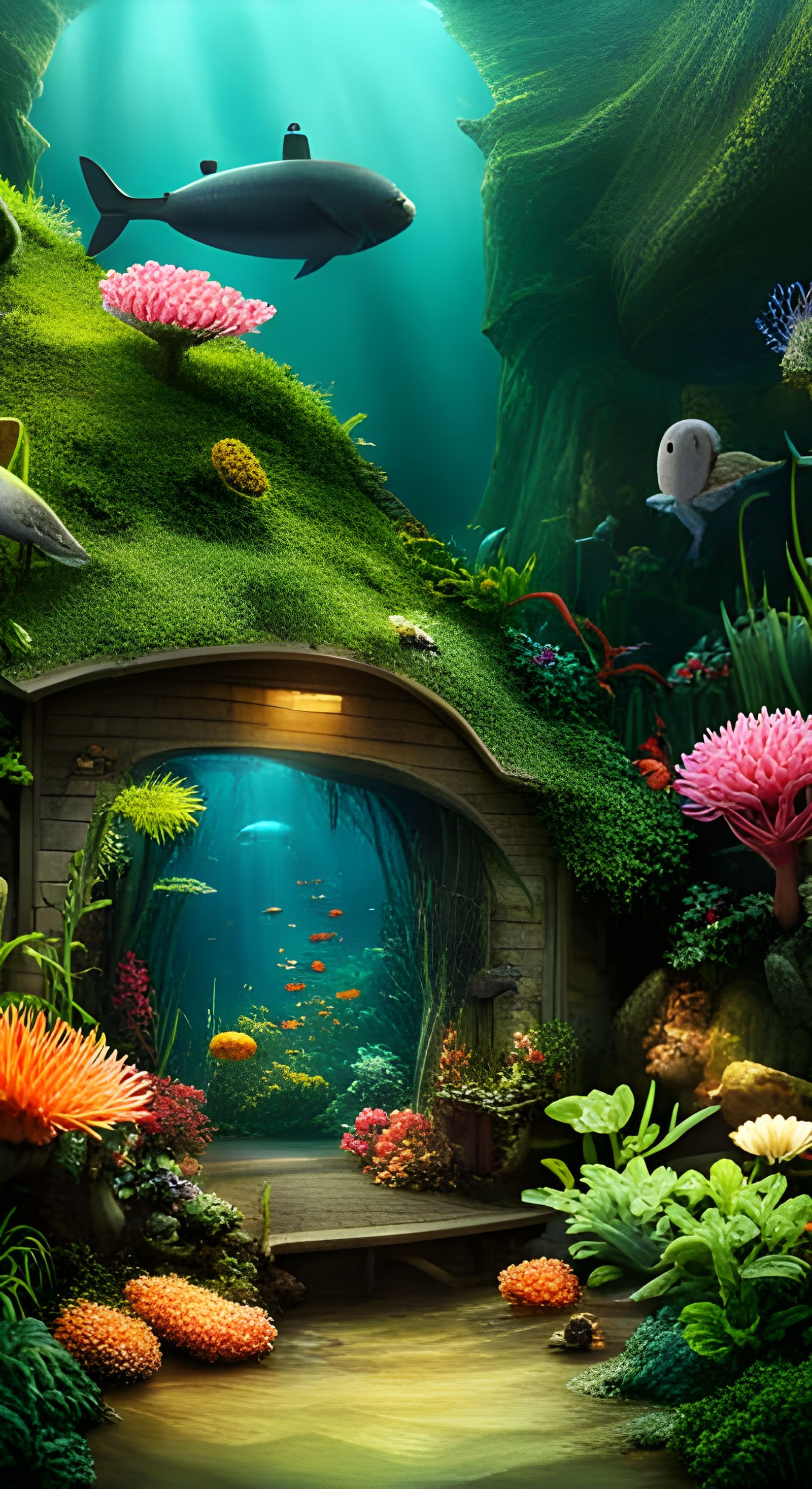 Underwater Vivarium Garden with Submarine and Otters