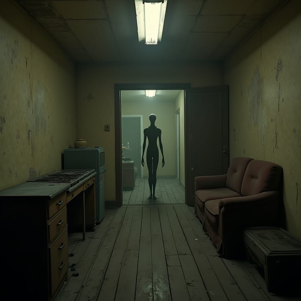 Horror House Interior with Shadow Figure, Inspired by Giger