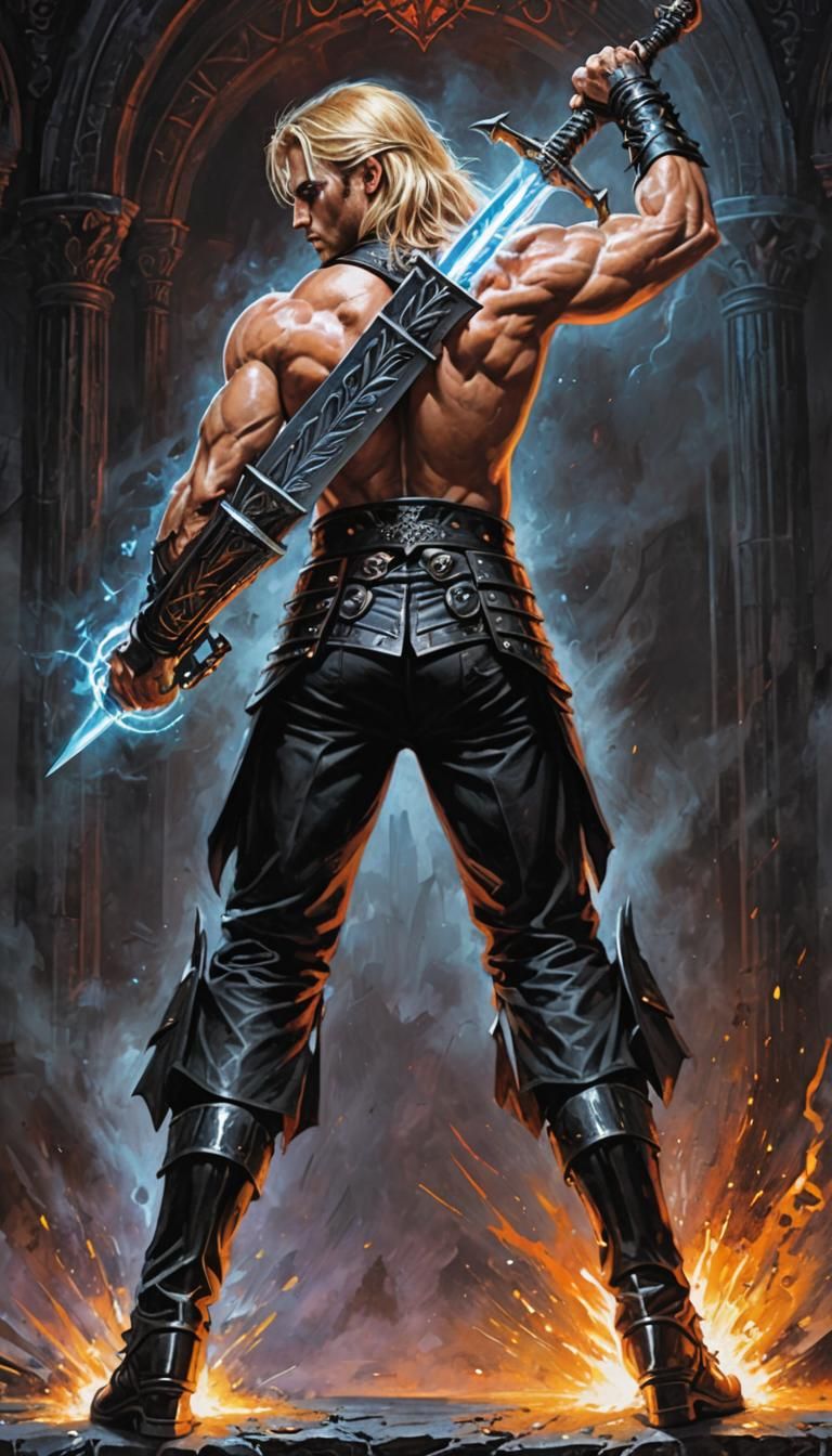 Muscular Warrior Drawing Plasma Sword at Gothic Temple