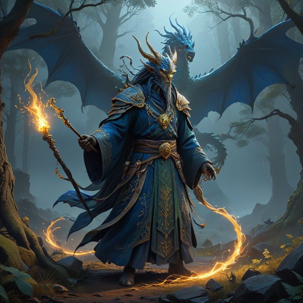 Majestic Wizard Confronts Hyper-Realistic Dragon in Dark Fan...