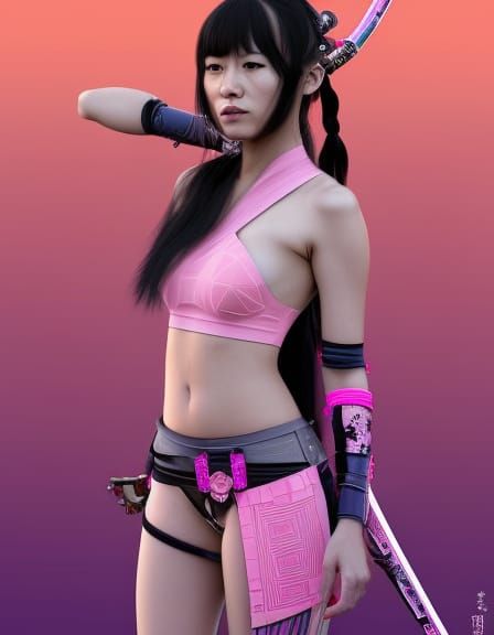 Cyberpunk Girl with Oni Mask in 3D Art