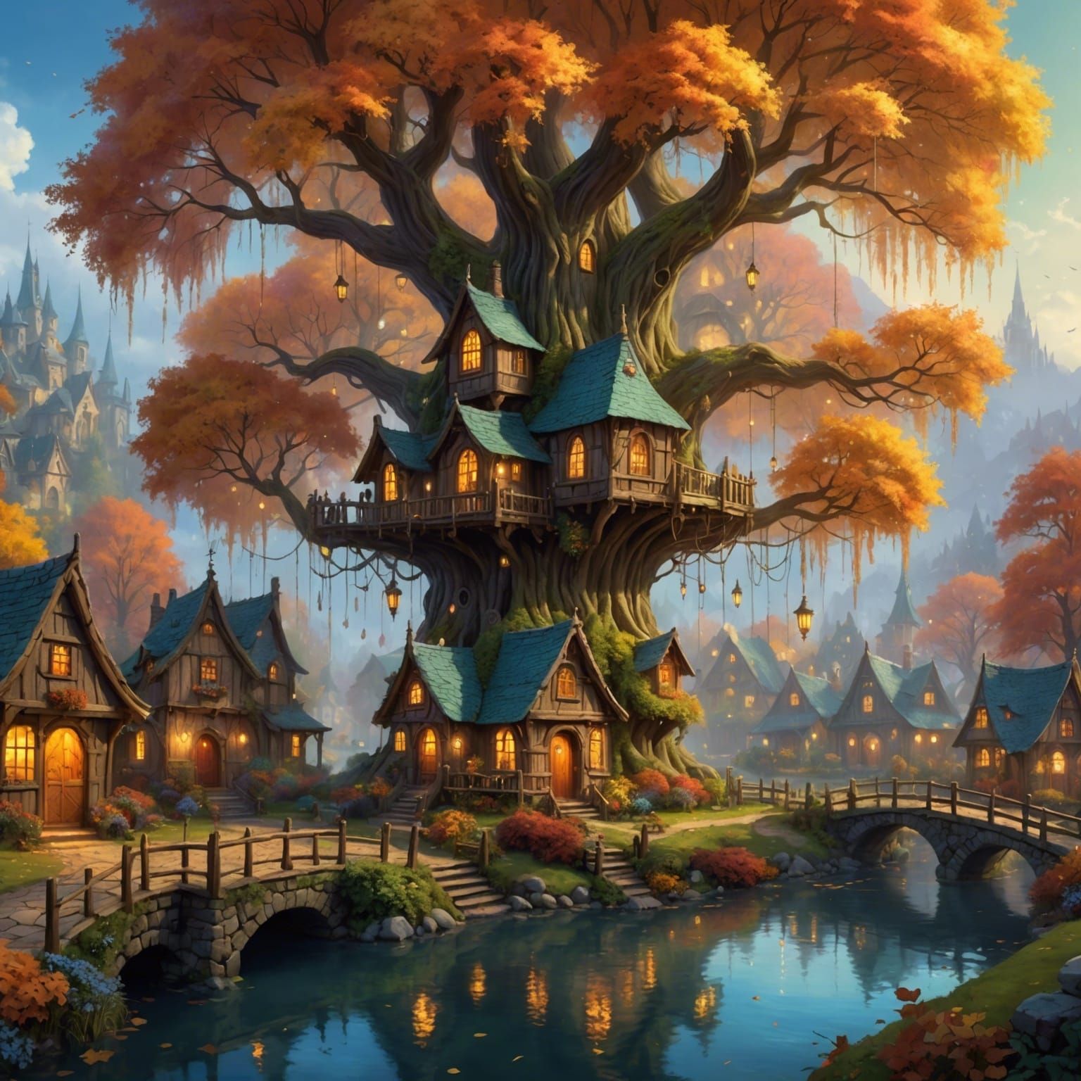 Autumn Tree Village with Willow Tree House