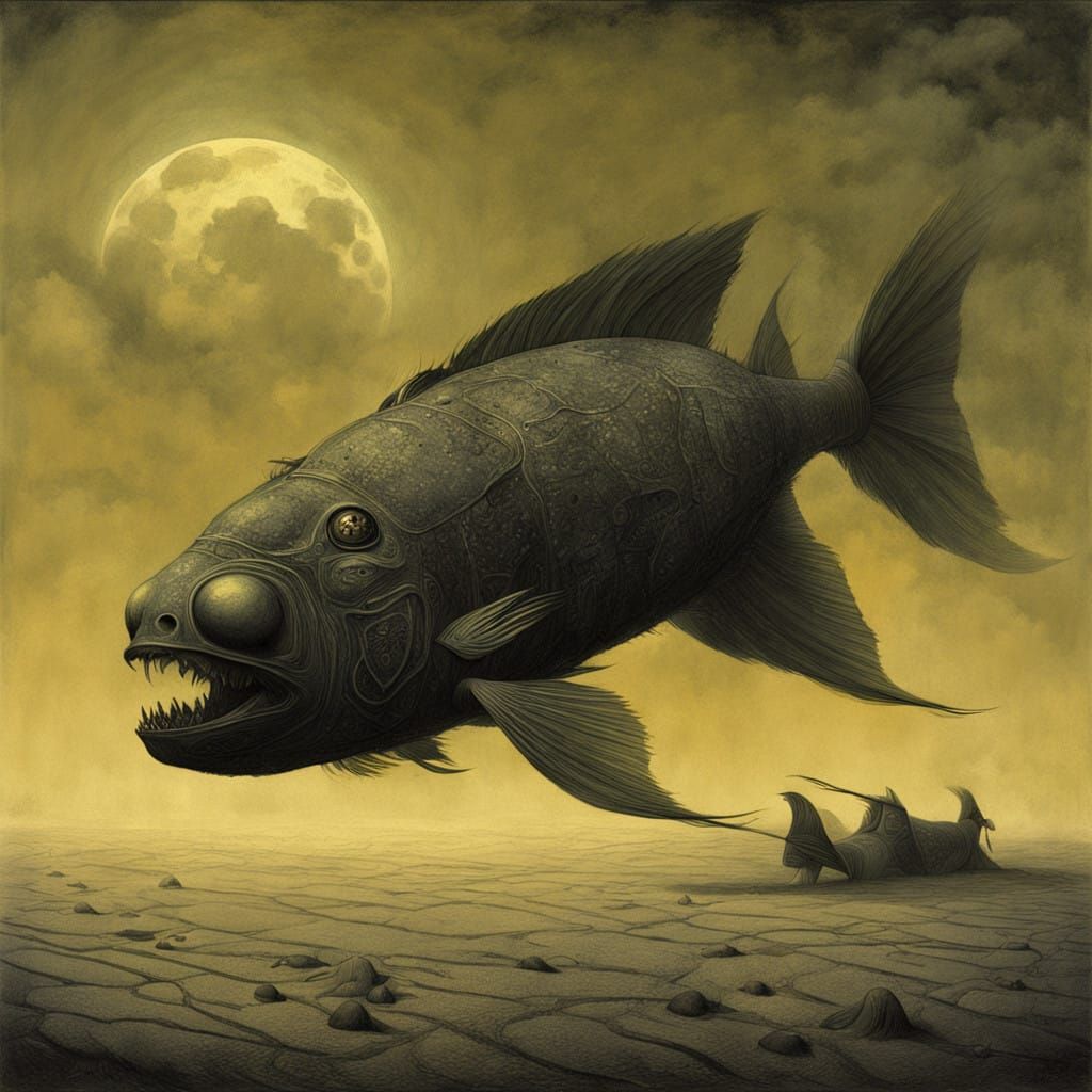 Biomechanical Stargazer Fish in Desolate Beach Scene