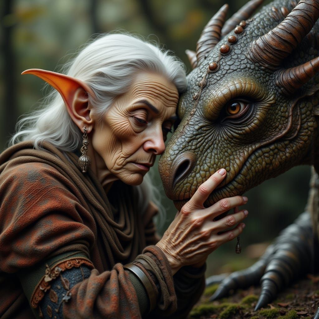 Elderly Elf and Ancient Dragon Bond Hyperrealistic Portrait