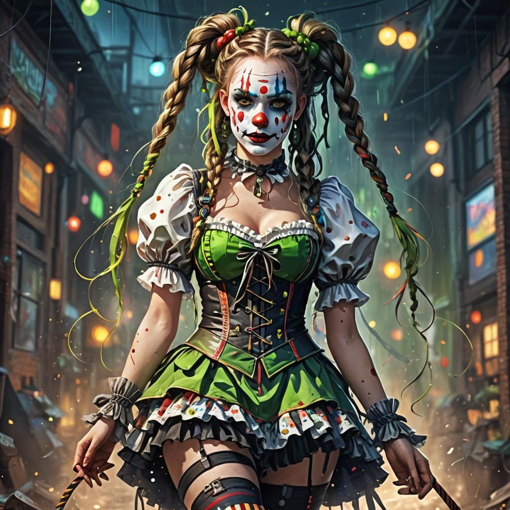 gorgeous female, long Dutch braids, green eyes, clown makeup, wearing TEARS OF A CLOWN CORSET TOP, frilly skirt, knee hi...
