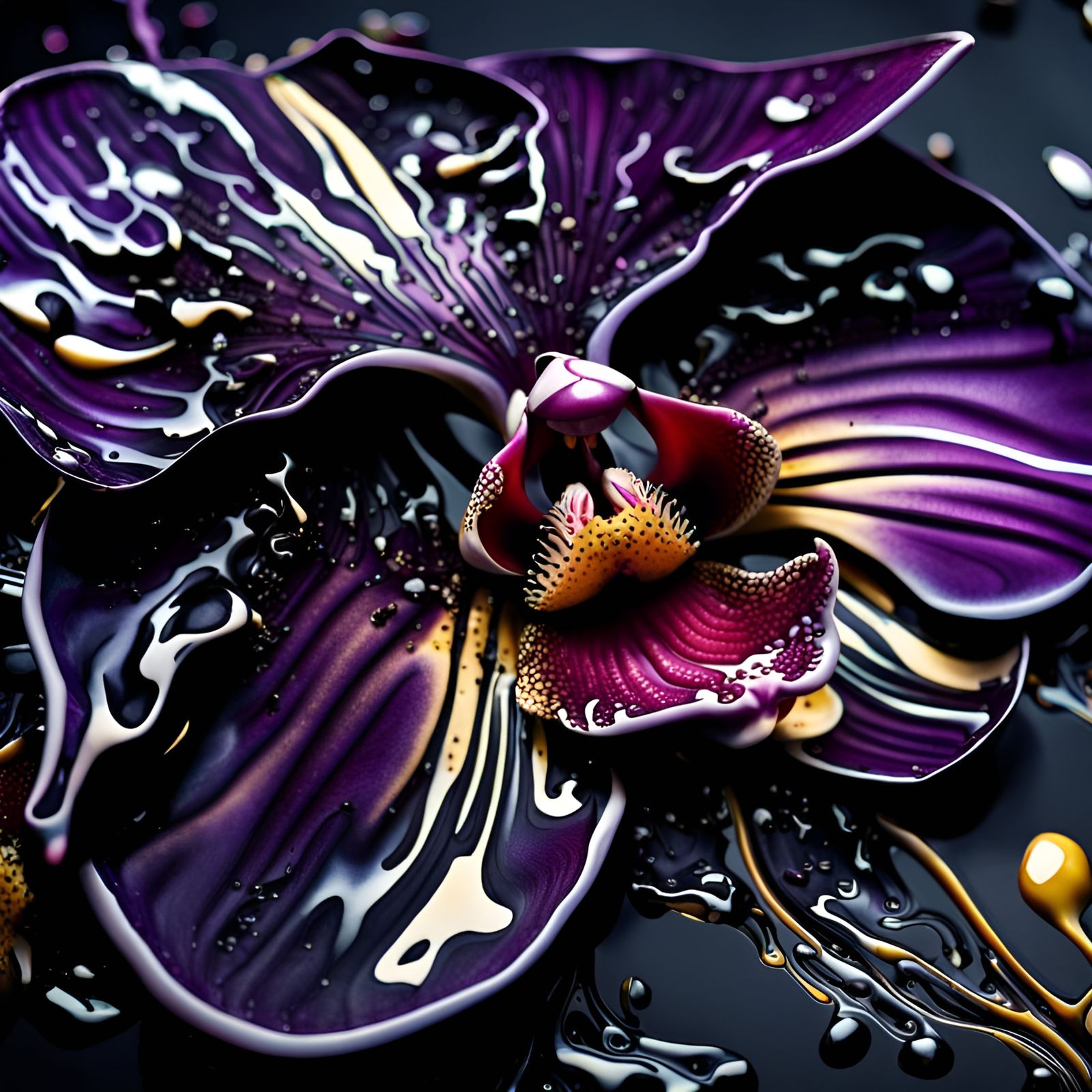 Detailed Black Orchid with Oil and Paper Marbling
