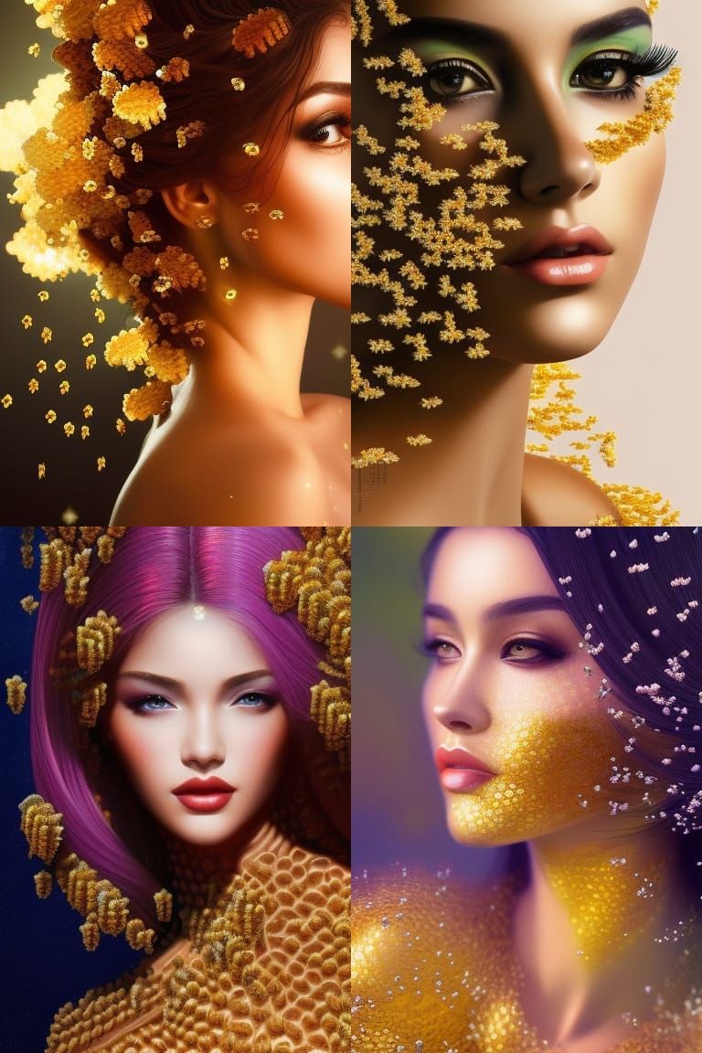 Honey Woman Portrait with Glitter and Flowers