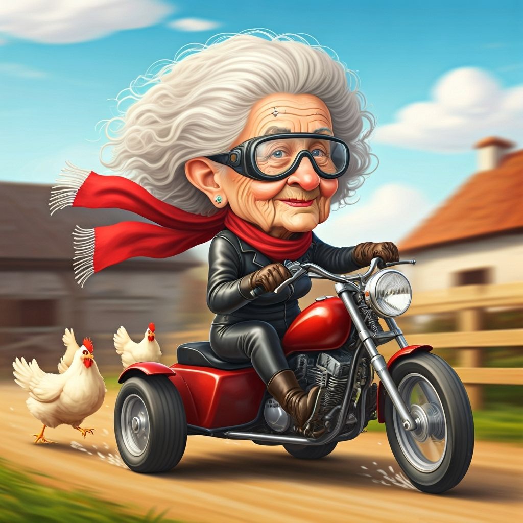 Elderly Woman in Biker Gear Races Tricycle