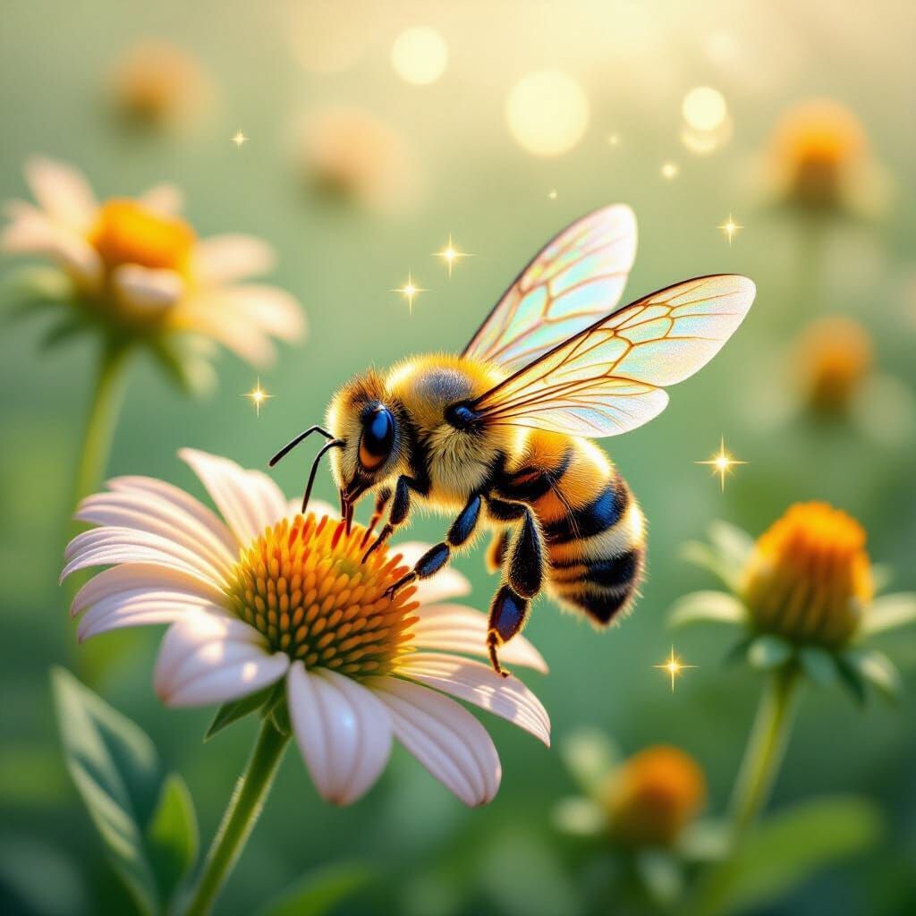 Magical Tiny Bee Collecting Pollen in Ethereal Glow