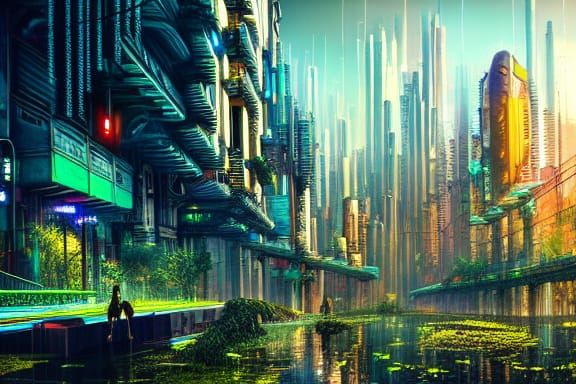 Lush Cyberpunk City Overgrown in Vivid Detail