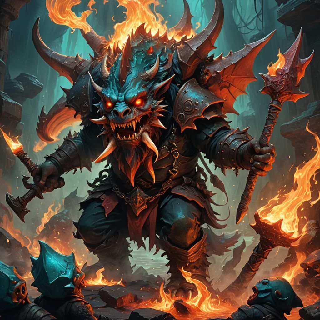 Demonic Gnome Forging Hammer in Hellish Landscape