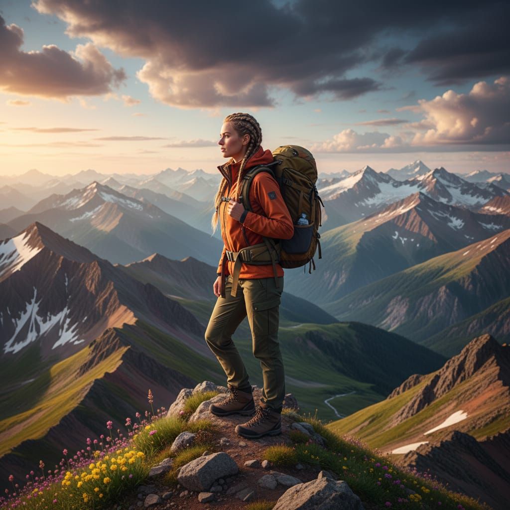 Woman Hiking on Mountain Ridge