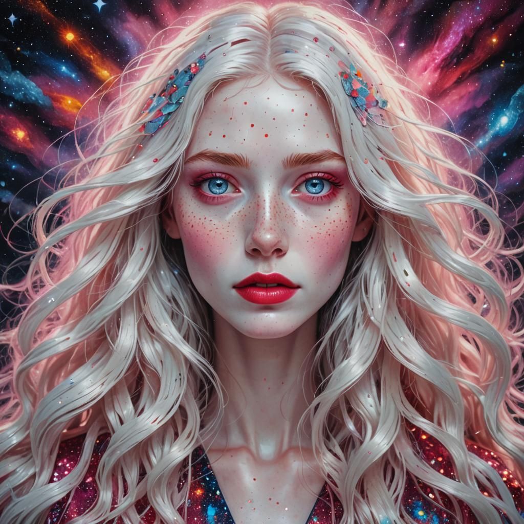 Cosmic Woman with Freckles in Mixed Media Style