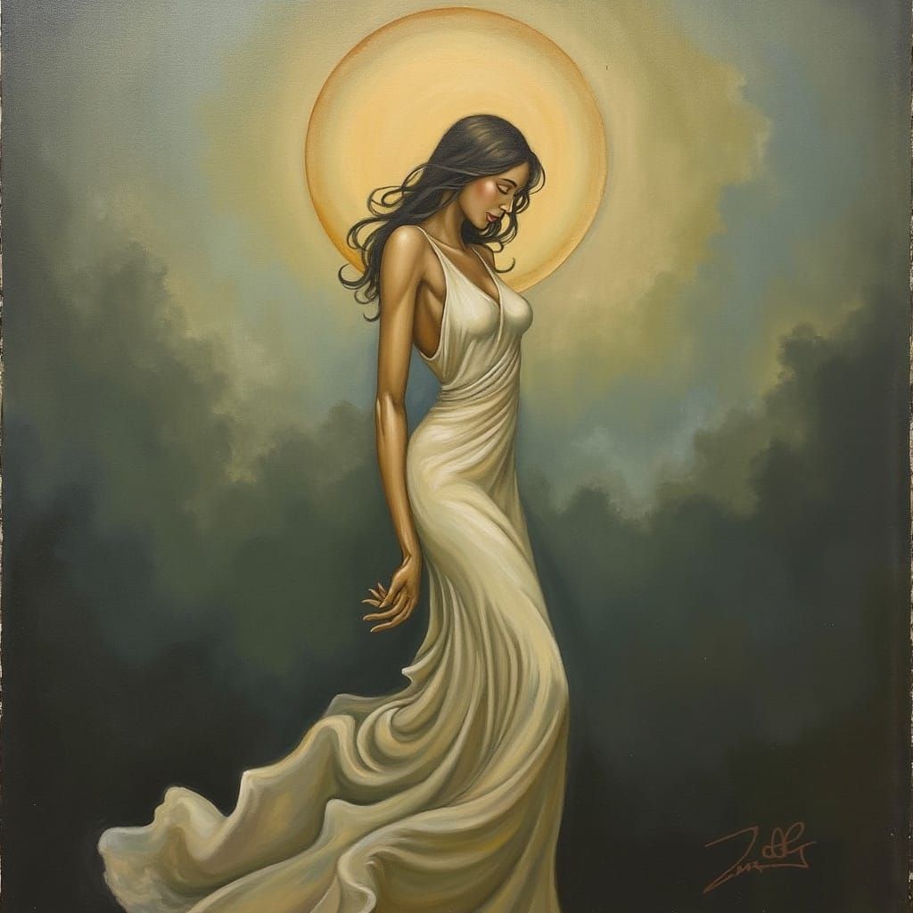 Ethereal Woman in Golden Light: Surrealist Art