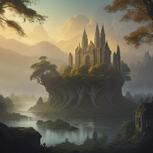 Elven Ruins in Misty Forest: Digital Matte Painting
