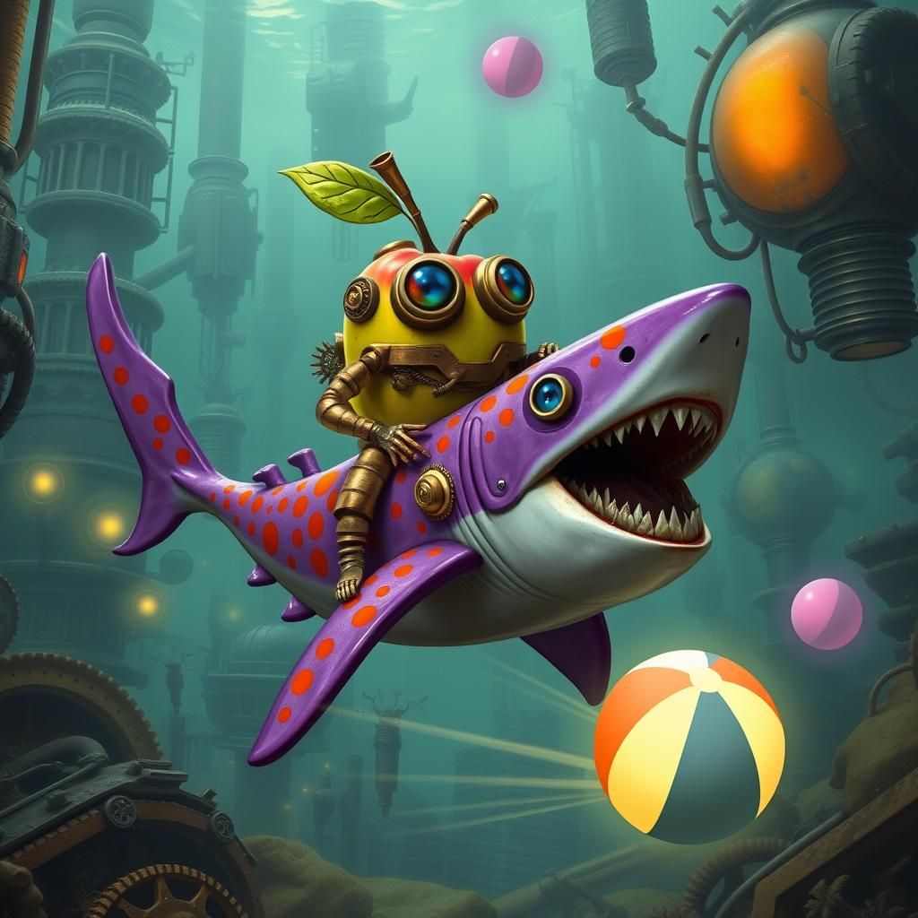 Steampunk Apple Riding Shark in Dystopian Cityscape
