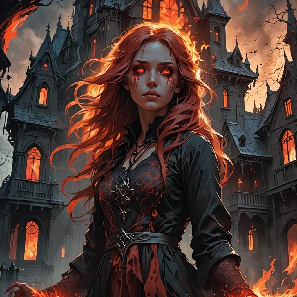 Flame-Haired Girl in Dark Fantasy Art Style