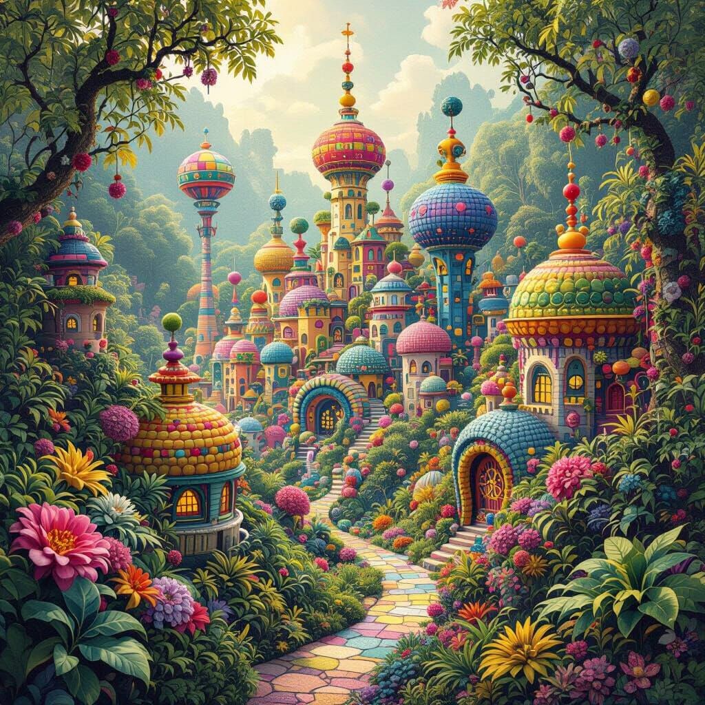 Whimsical Alien City in Bioluminescent Jungle