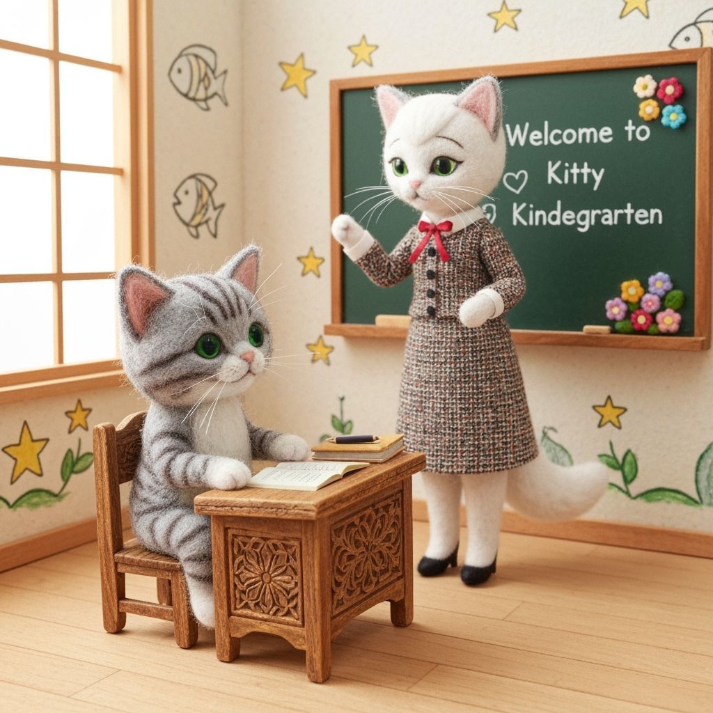 Felted kitten attending school, female cat teacher at the fr...