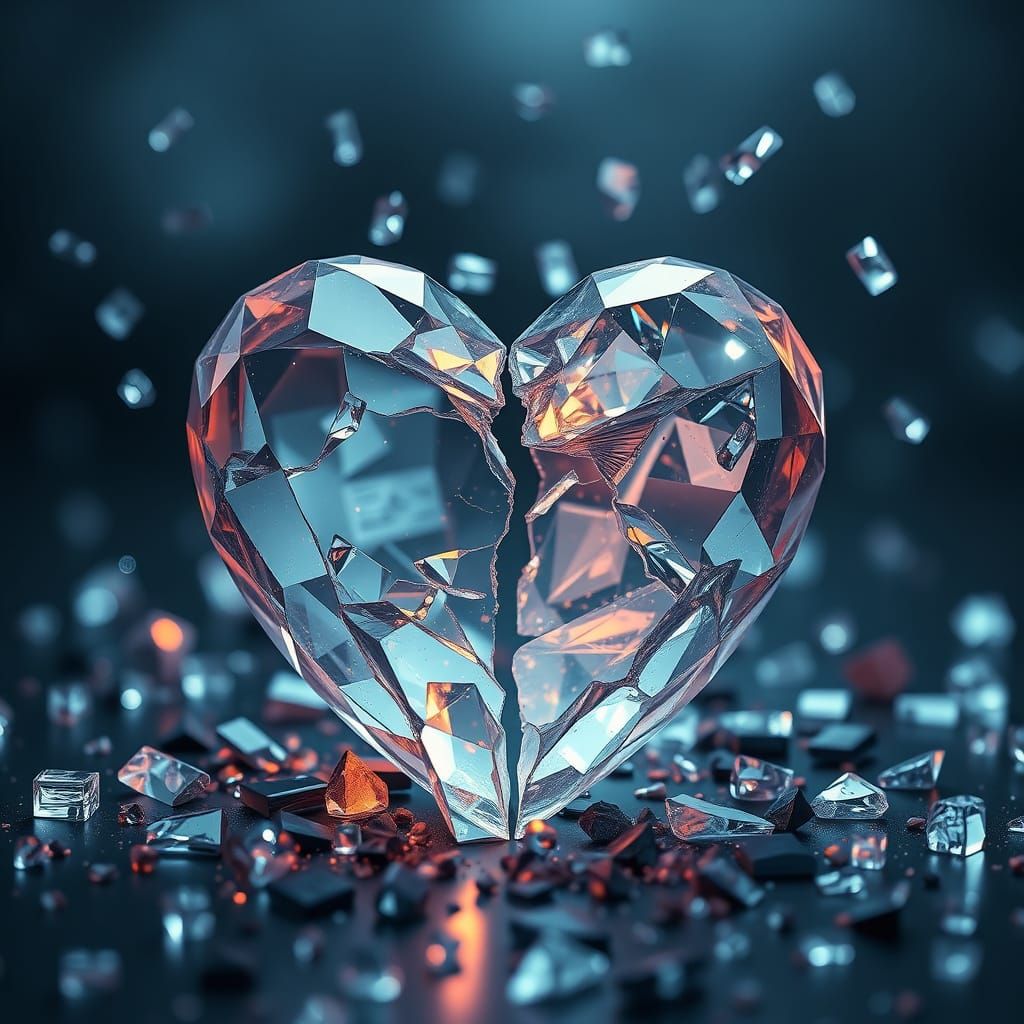 Crystal and Glass Heart Shattered into a Thousand Pieces