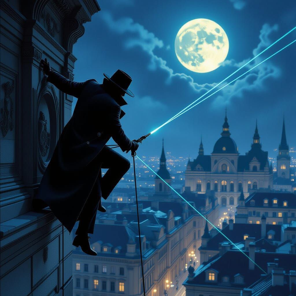 Thief Rappelling Down Museum in Art Nouveau Style