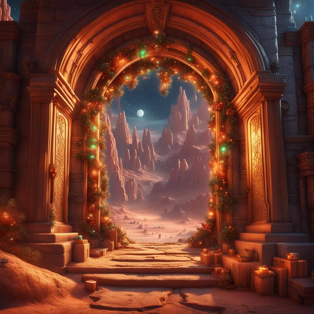 Christmas City Portal in Desert Temple: Digital Art