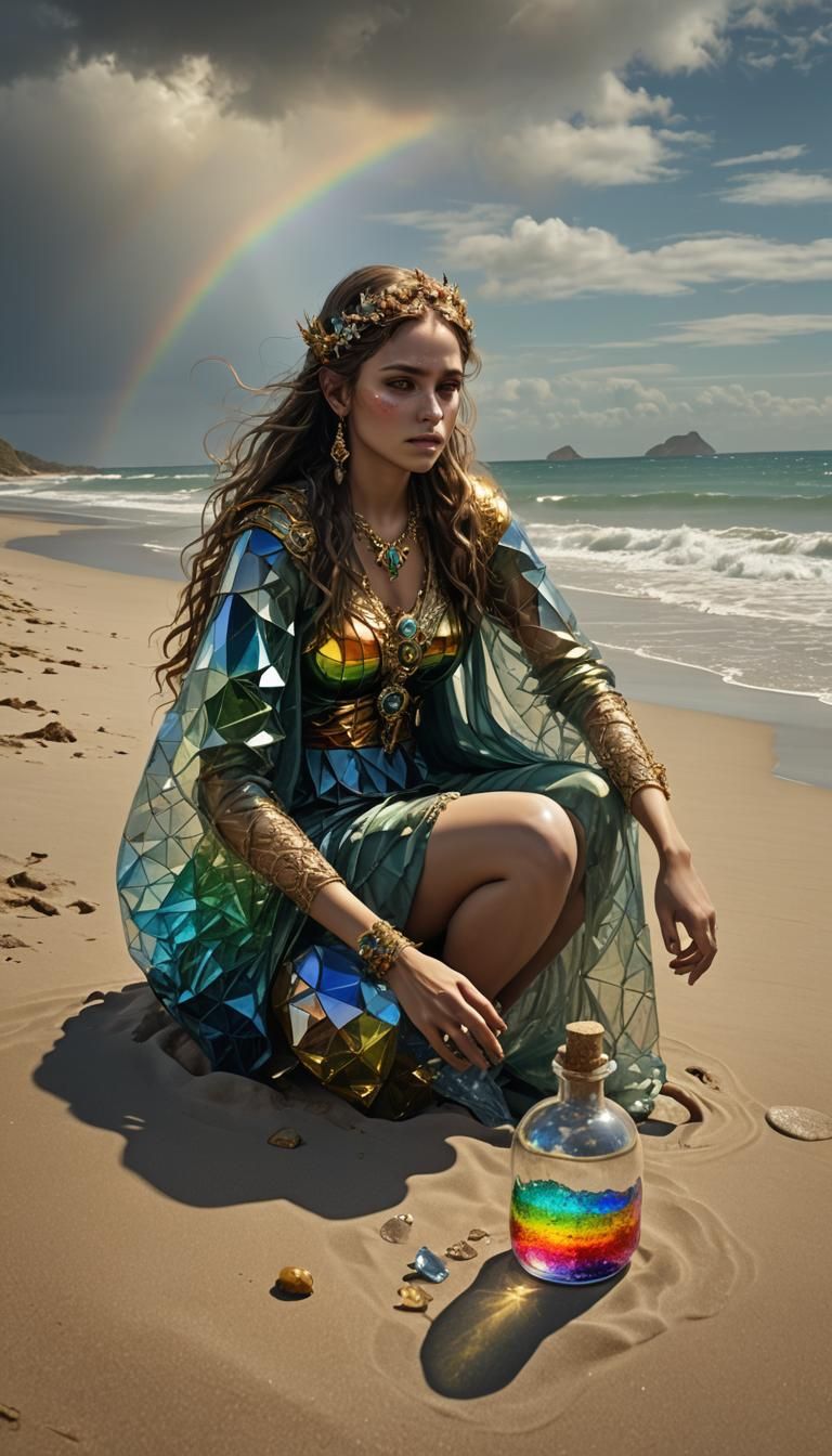 Golden Fairy on Beach with Rainbow Dust