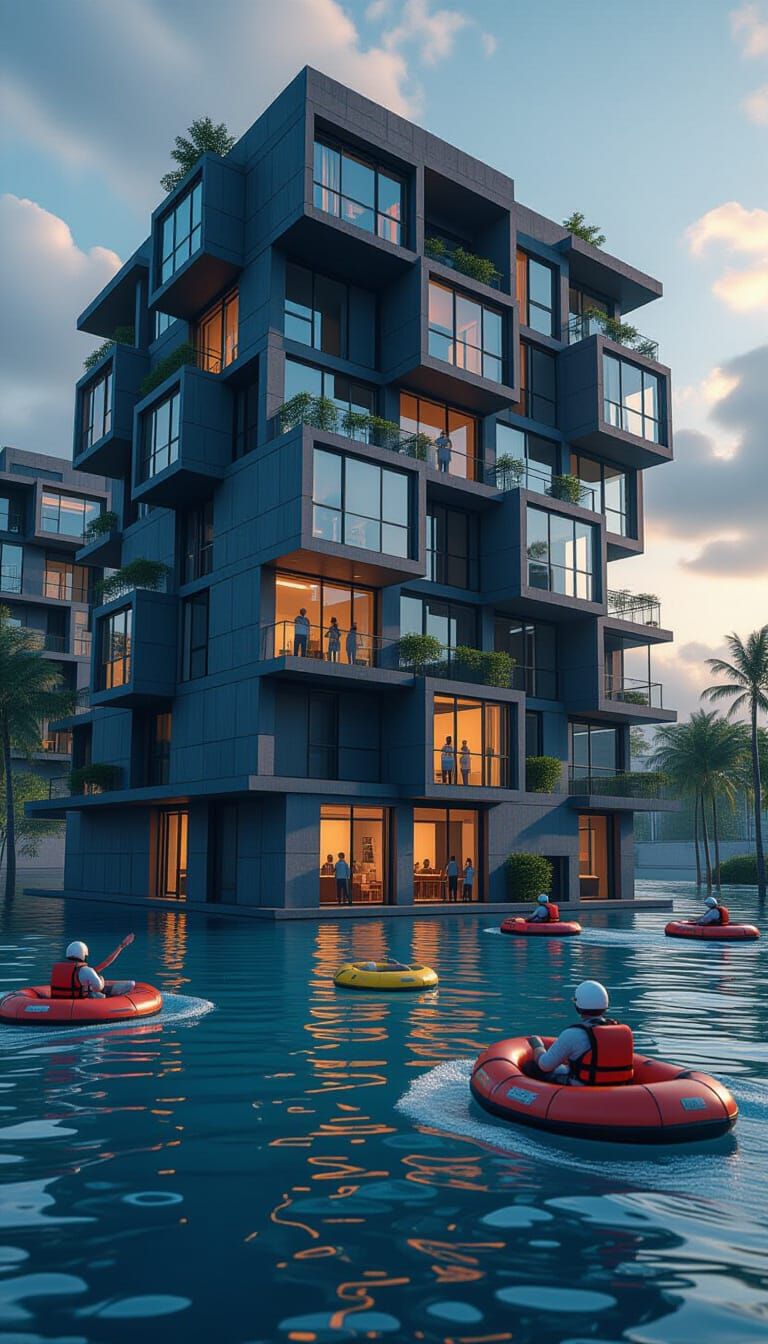 Flooded Apartment Complex Rendered as Fantasy Concept Art