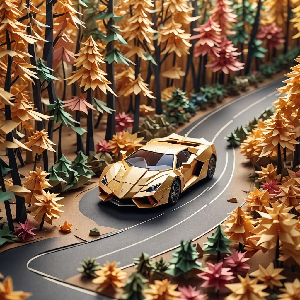 Origami Supercar Races Down Winding Road