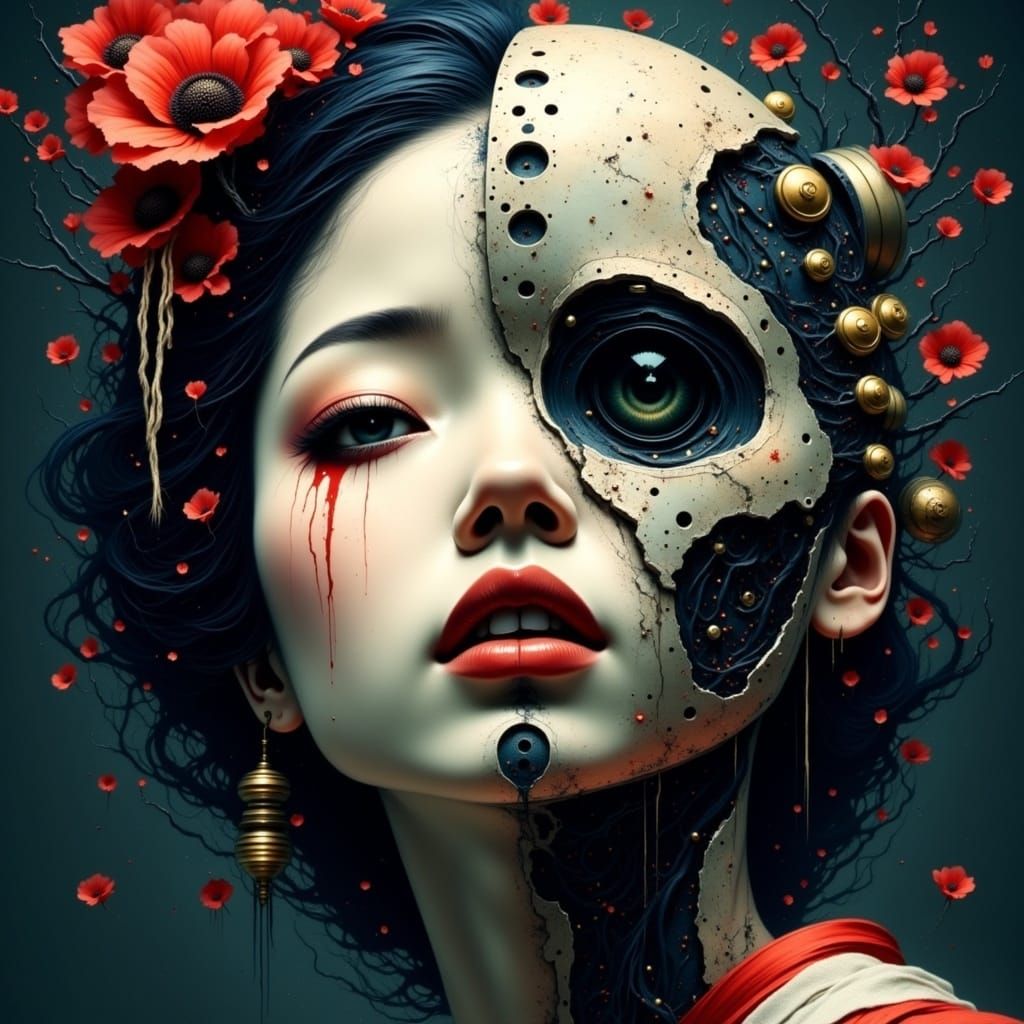 Geisha Cyborg Split Face Portrait