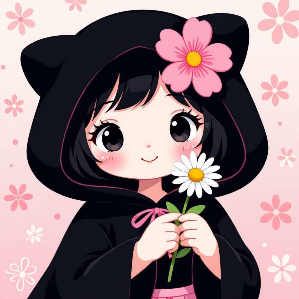 Cute Kuromi Illustration with Pink Flower and Daisy