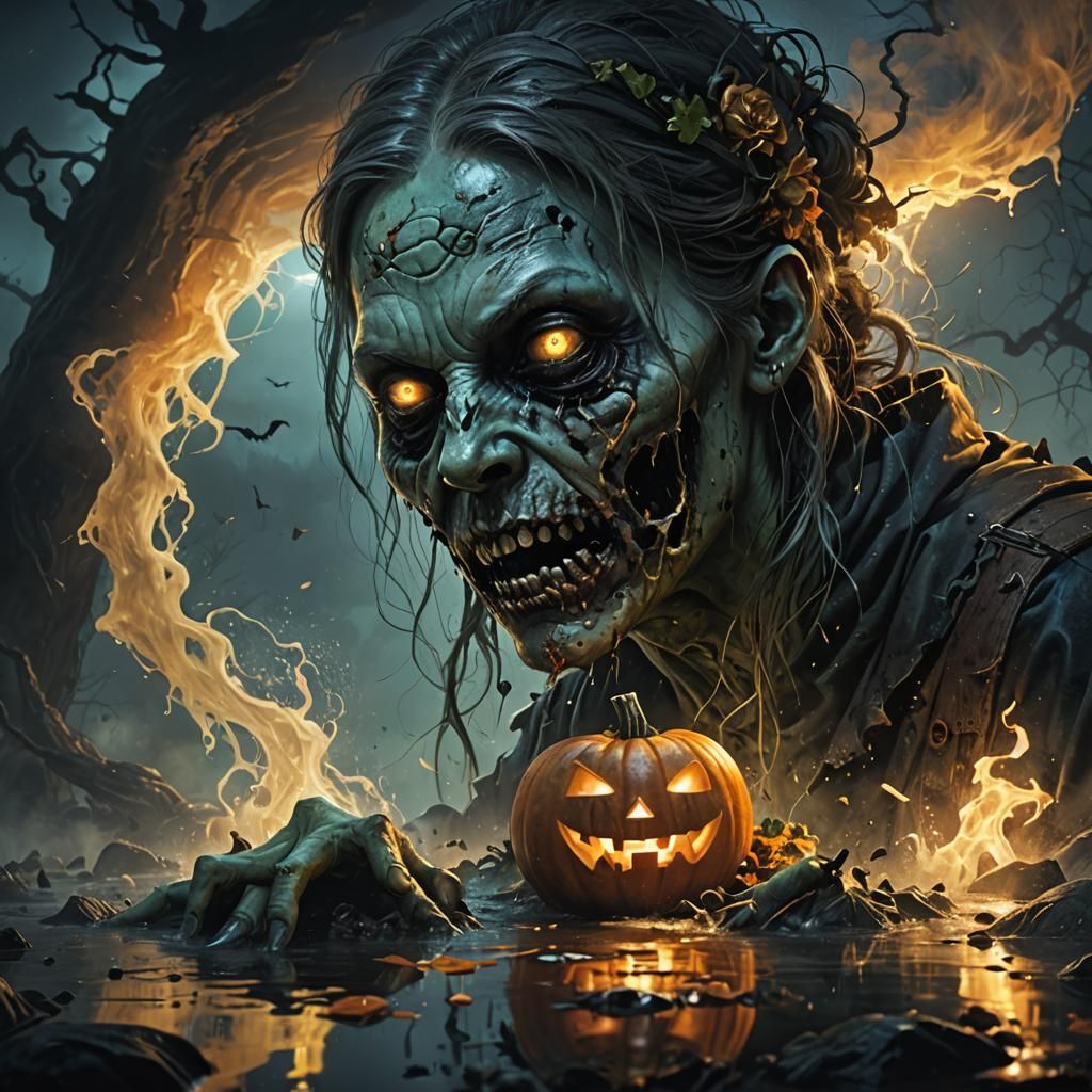 Mystical Bioluminescent Zombie Woman Halloween Concept Art