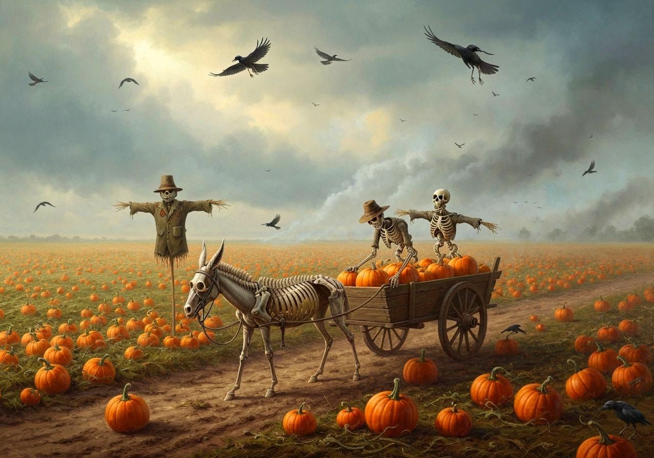 Scarecrows Pick Pumpkins in Smoky Oil Painting