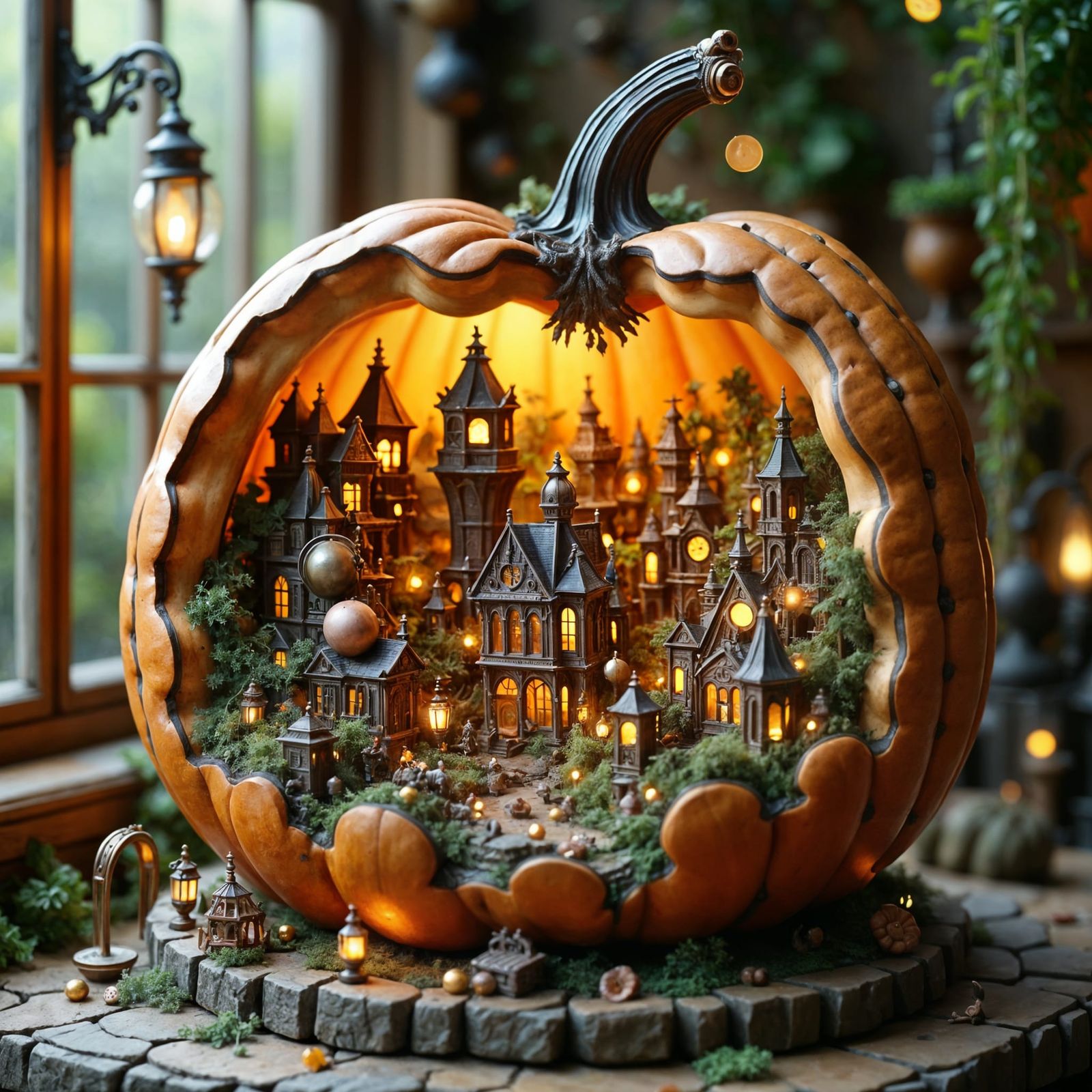 Steampunk City Inside Giant Pumpkin Diorama