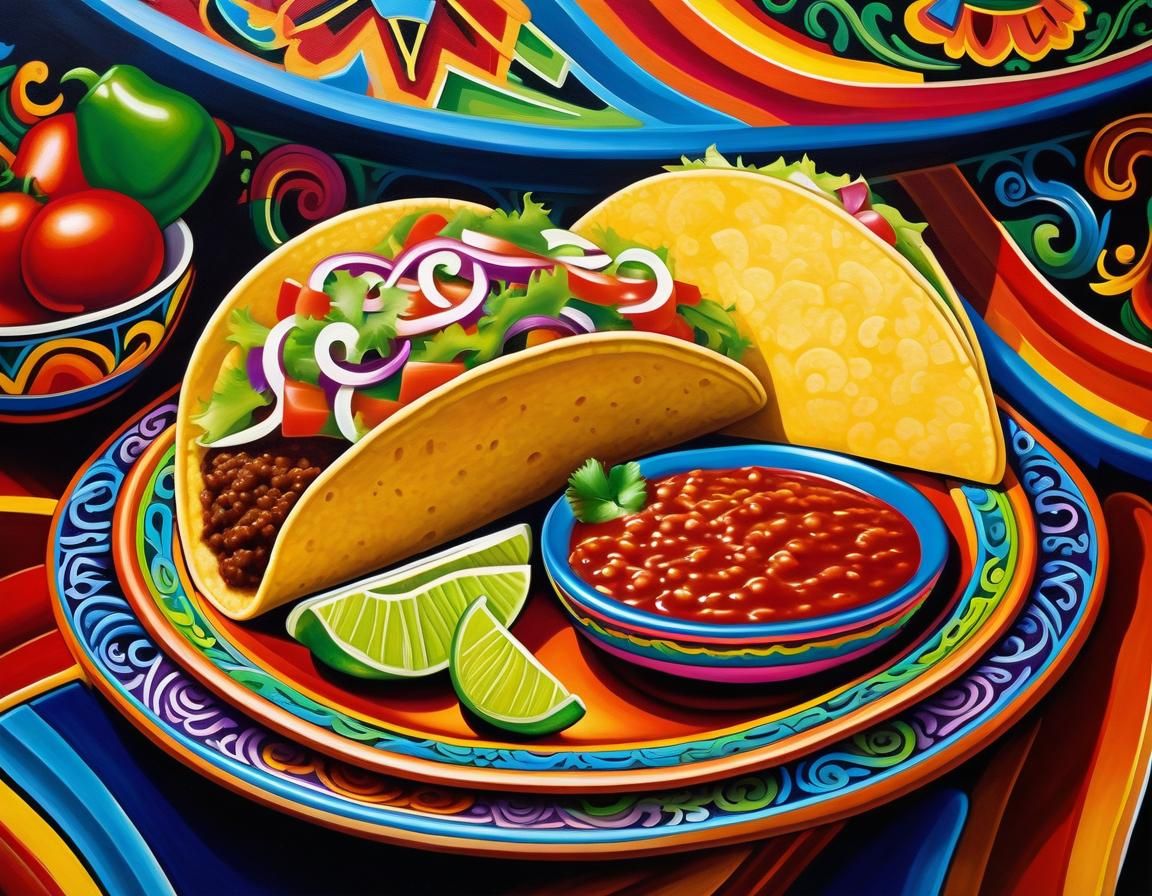 Colorful Mexican Mural of Tacos and Aztec Mythology